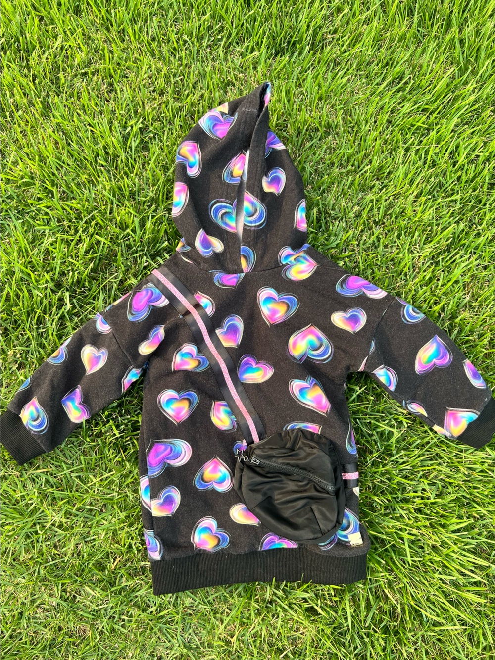 deux par deux Black Hoodie Dress with Rainbow Heart Print